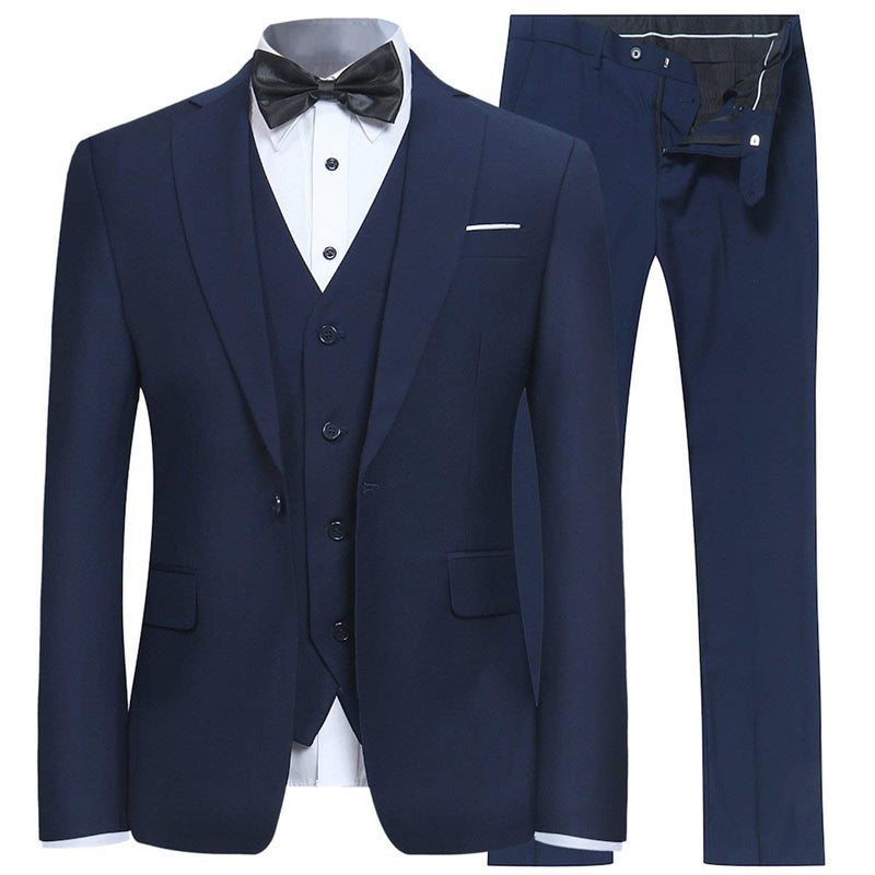 YFFUSHI Men's 3 Piece Suit Sets Slim Fit One Button Blazer with Vest & Pants, Professional Business Wedding Suits Navy - Image 1